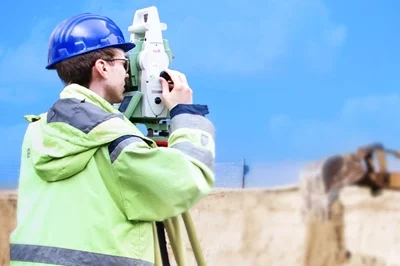 Vermessungsleistung - Baubegleitende Vermessung Das Bild zeigt einen Vermessungsingenieur mit Tachymeter auf einer Baustelle