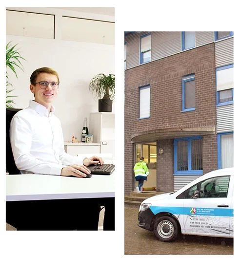 Einblicke ins Vermessungsbüro Jurek und Fiebig, ÖbVI ÖbVI am Schreibtisch und Bürogebäude des Vermessungsbüro Fiebig und Jurek